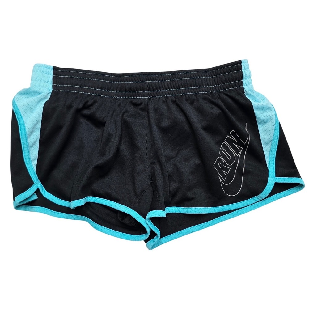 Nike Dri-FIT Tempo Running Shorts Black Light Blue Graphic Logo Womens Medium